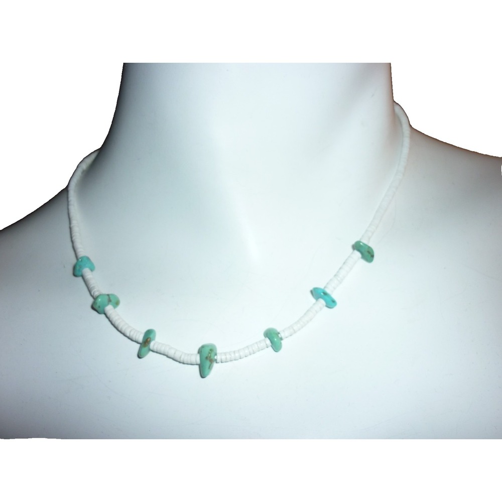White Heishi Shell Turquoise‎ Nugget Beaded Necklace  Southwestern Barrel Clasp